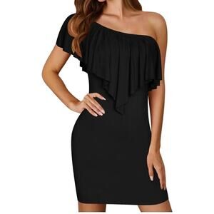 Sexy One Shoulder Ruffle Mini Bodycon Dress Off The Shoulder Tiered Ruffle Sz XL